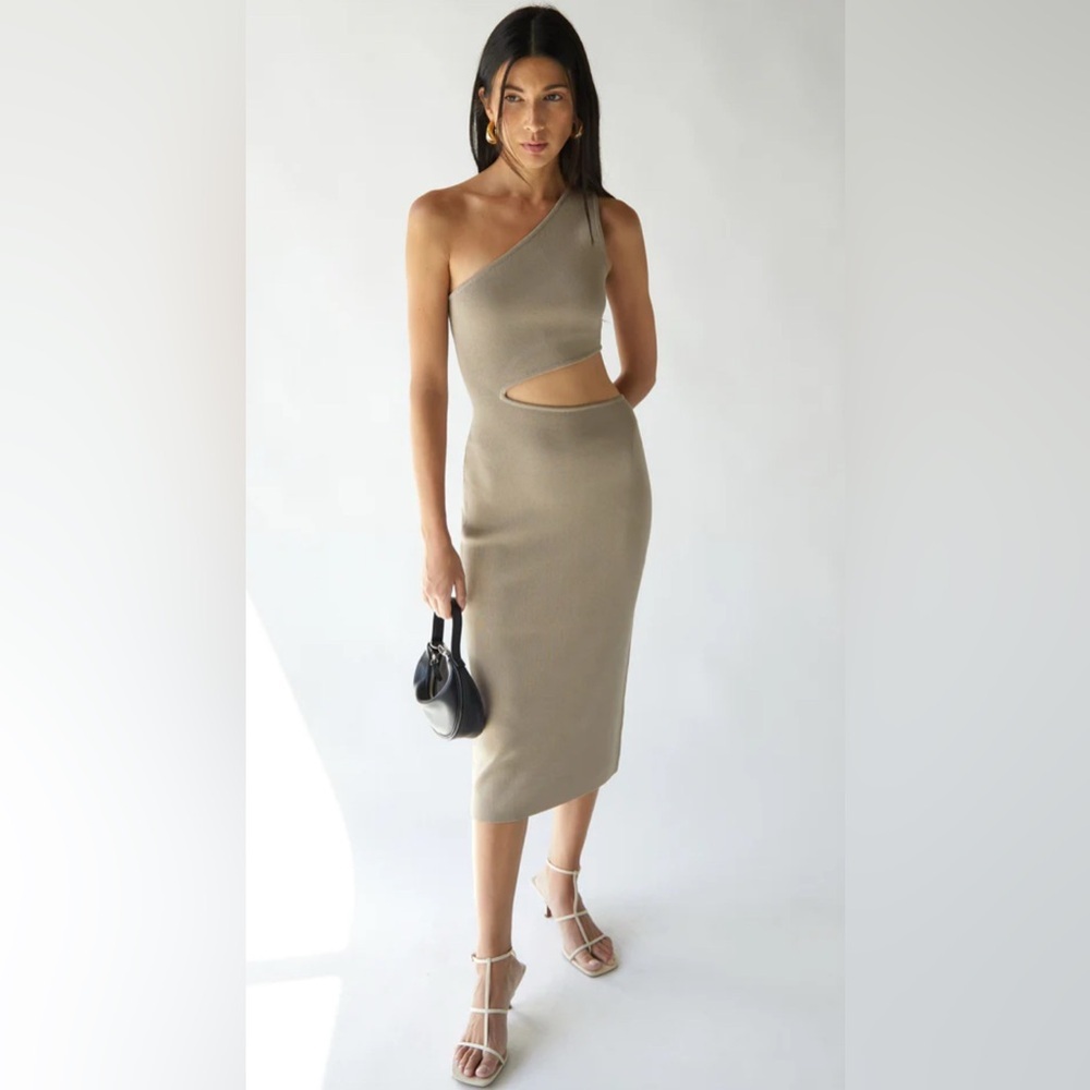 OAK + FORT One-Shoulder Tan Dress